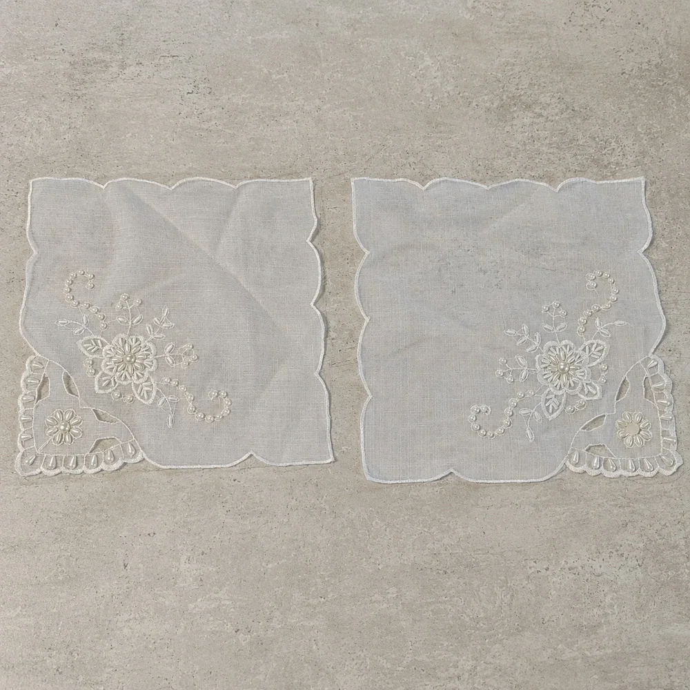 Vintage Handmade Beaded Pearl Embroidered Organza Fabric 2 Napkins Set